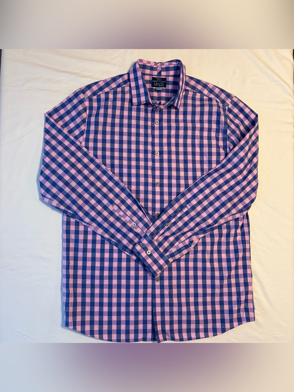 Made Cam Newton Men’s Modern Fit Non-Iron Long Sleeve Blue/Pink Plaid size L